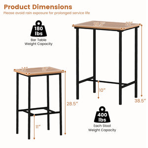 3 Pieces Acacia Wood Patio Bar Set Rectangular Table with Metal Frame view 5