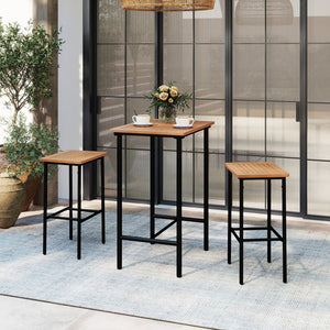 3 Pieces Acacia Wood Patio Bar Set Rectangular Table with Metal Frame view 6