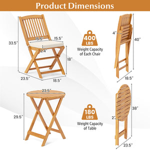 3 Pieces Acacia Wood Patio Folding Bistro Set with Soft Cushions-Beige view 5