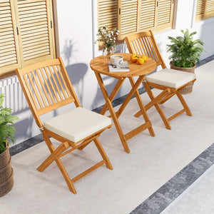 3 Pieces Acacia Wood Patio Folding Bistro Set with Soft Cushions-Beige view 6