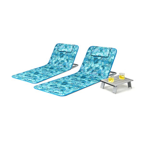 3 Pieces Beach Lounge Chair Mat Set 2 Adjustable Lounge Chairs with Table Stripe-Green view 7