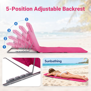 3 Pieces Beach Lounge Chair Mat Set 2 Adjustable Lounge Chairs with Table Stripe-Pink view 7