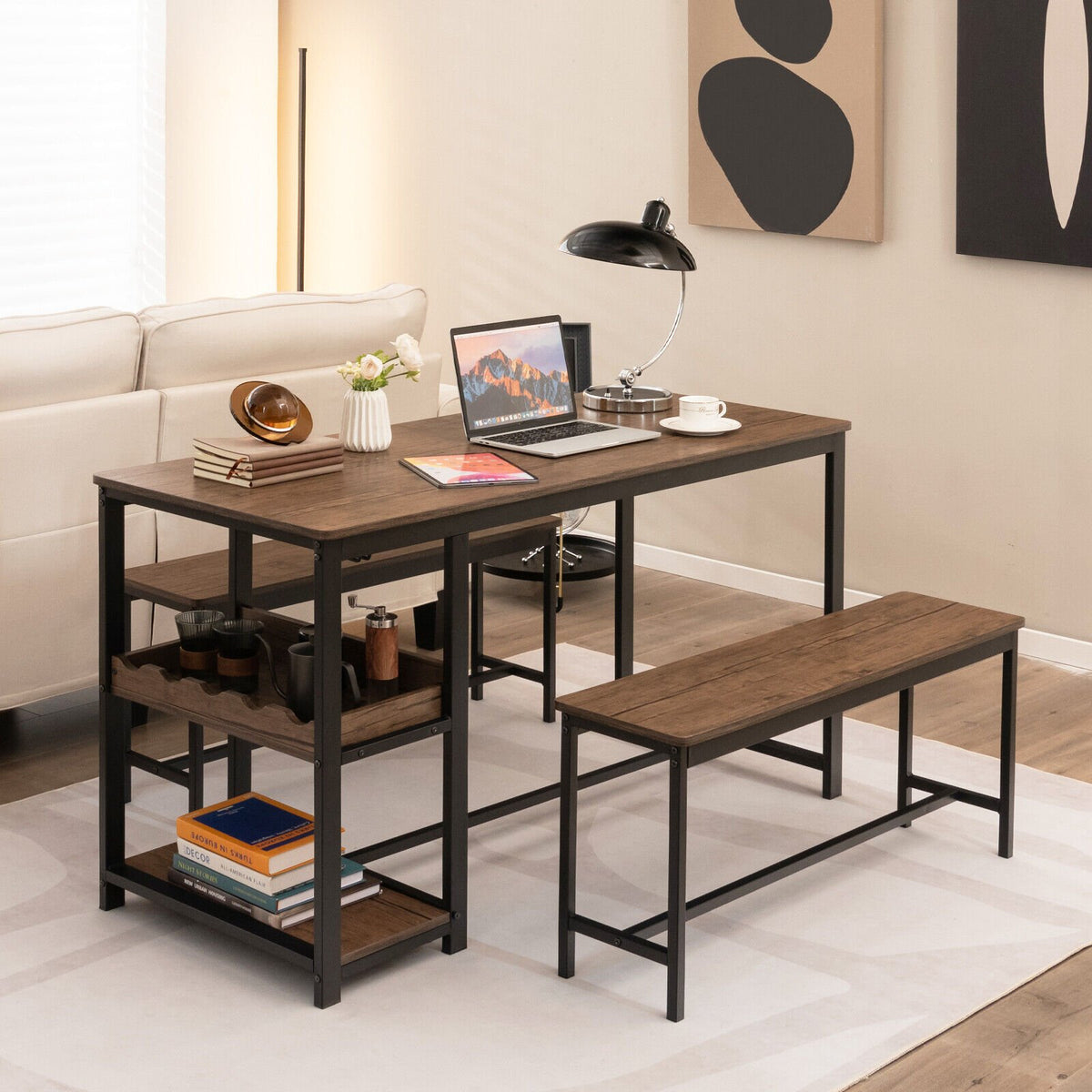 3 Pieces Dining Table Set for 4 with Wine Rack-Brown view 2
