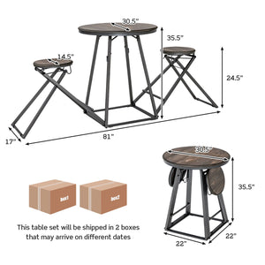 3 Pieces Dining Table Set with 2 Foldable Stools for Small Space-Gray view 4