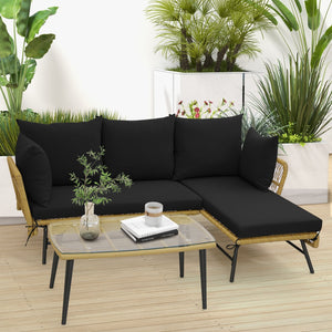 3 Pieces L-Shaped Patio Sofa with Cushions and Tempered Glass Table-Black view 3