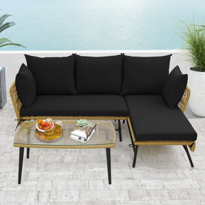3 Pieces L-Shaped Patio Sofa with Cushions and Tempered Glass Table-Black view 6