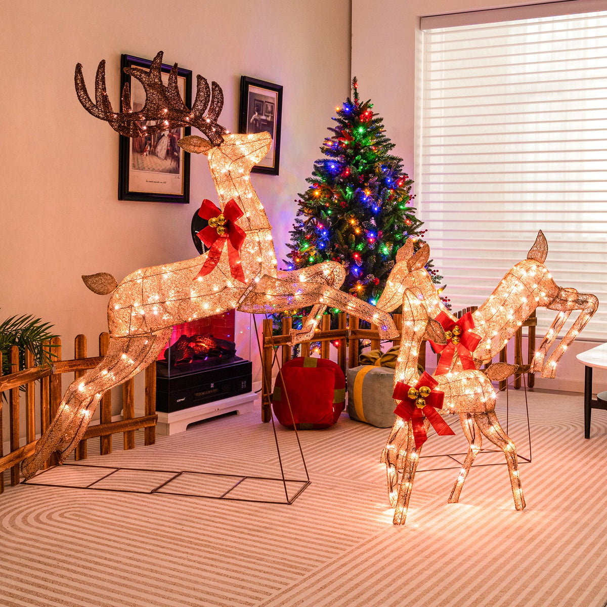 3 Pieces Lighted Christmas Reindeer Family Set with 255 Lights-Golden view 2