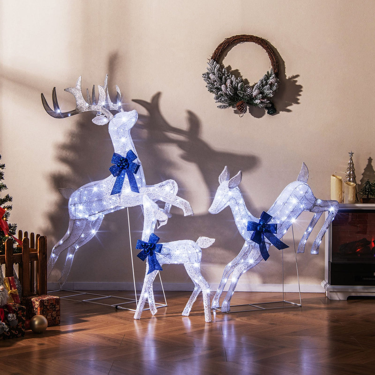 3 Pieces Lighted Christmas Reindeer Family Set with 255 Lights-White view 2