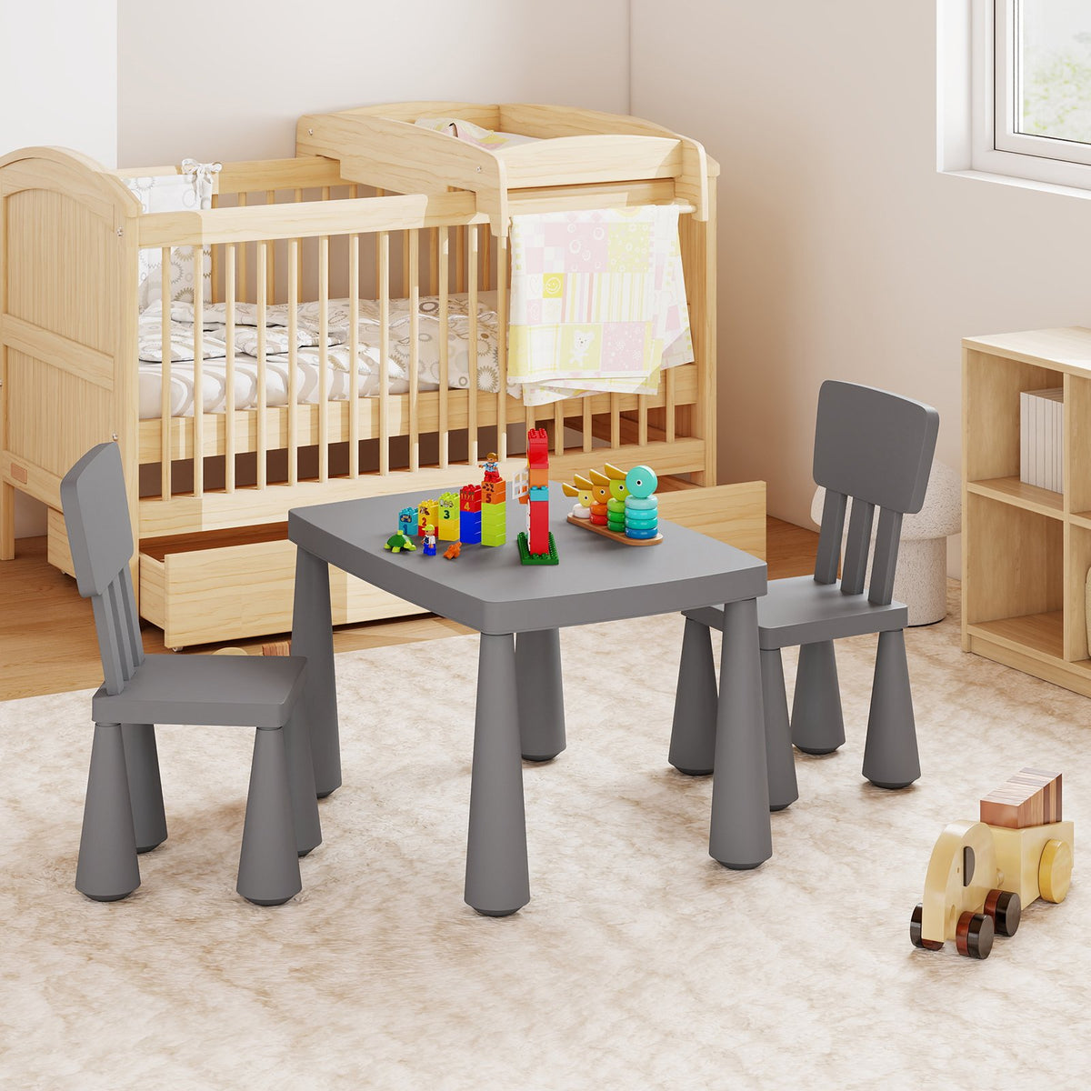 3 Pieces Multifunction Activity Kids Play Table and Chair Set-Gray view 2