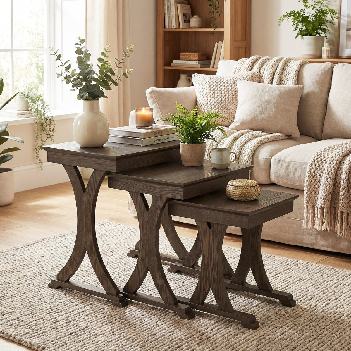 3 Pieces Nesting Coffee Table Side Table with Solid Rubber Wood Legs-Brown view 2