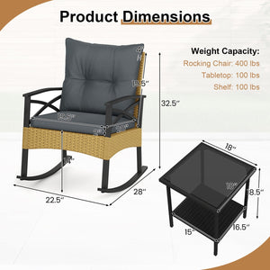 3 Pieces Outdoor Rattan Rocking Chairs Set with, 2-Tier Side Table for Garden Backyard-Gray view 5