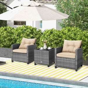 3 Pieces Outdoor Wicker Conversation Set with Tempered Glass Tabletop-Beige view 6