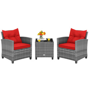 3 Pieces Outdoor Wicker Conversation Set with Tempered Glass Tabletop-Red view 4