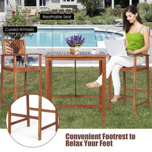 3 Pieces Acacia Wood Patio Bar Set with Sunflower Patterned Backrest view 7