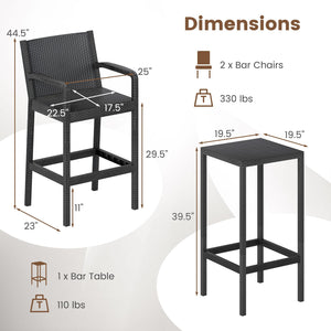 3 Pieces Patio Bar Set with 2 Stools and 1 Bar Table-Black view 4