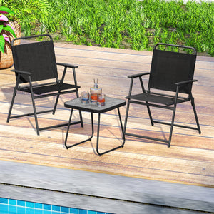 3 Pieces Patio Folding Conversation Chairs and Table-Black view 3