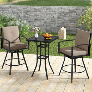 3 Pieces Patio Swivel Bar Set with Soft Cushions and Umbrella Hole-Brown view 2