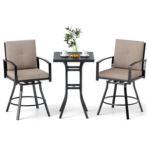 3 Pieces Patio Swivel Bar Set with Soft Cushions and Umbrella Hole-Brown view 4