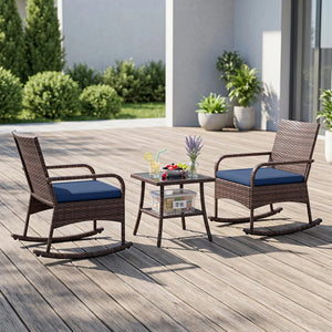 3 Pieces PE Wicker Rocking Bistro Set with 2-Tier Side Table Cushions and Ergonomic Armchairs for Porch-Navy view 3