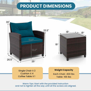 3 Pieces Rattan Patio Furniture Set with Washable Cushion-Peacock Blue view 4