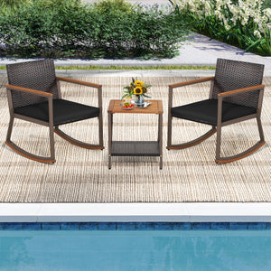 3 Pieces Rattan Rocking Bistro Set with Coffee Table and Cushions-Black view 2