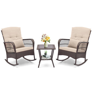 3 Pieces Rocking Bistro Set with 2-Tier Coffee Table-Brown