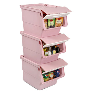 3 Pieces Storage Bins on Wheels Stackable Plastic Boxes with Stay-Open Lid (M)-Pink
