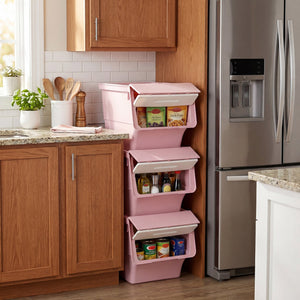 3 Pieces Storage Bins on Wheels Stackable Plastic Boxes with Stay-Open Lid (M)-Pink view 2