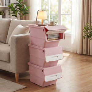 3 Pieces Storage Bins on Wheels Stackable Plastic Boxes with Stay-Open Lid (M)-Pink view 3