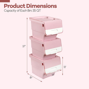 3 Pieces Storage Bins on Wheels Stackable Plastic Boxes with Stay-Open Lid (M)-Pink view 4