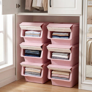 3 Pieces Storage Bins on Wheels Stackable Plastic Boxes with Stay-Open Lid (M)-Pink view 5