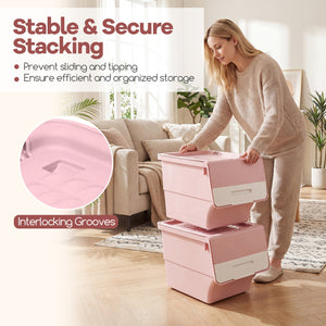 3 Pieces Storage Bins on Wheels Stackable Plastic Boxes with Stay-Open Lid (M)-Pink view 6