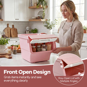 3 Pieces Storage Bins on Wheels Stackable Plastic Boxes with Stay-Open Lid (M)-Pink view 7