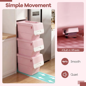 3 Pieces Storage Bins on Wheels Stackable Plastic Boxes with Stay-Open Lid (M)-Pink view 9