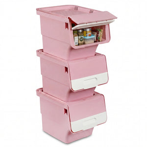3 Pieces Storage Bins on Wheels Stackable Plastic Boxes with Stay-Open Lid (S)-Pink