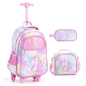3 Pieces Unicorn Rolling Backpack for Kids with Lunch Box-Pink