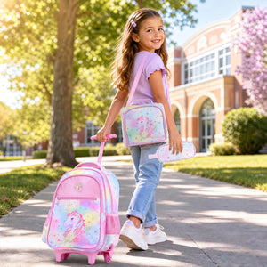 3 Pieces Unicorn Rolling Backpack for Kids with Lunch Box-Pink view 2