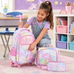 3 Pieces Unicorn Rolling Backpack for Kids with Lunch Box-Pink view 3