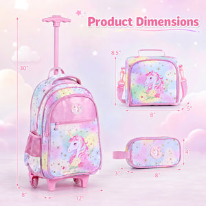 3 Pieces Unicorn Rolling Backpack for Kids with Lunch Box-Pink view 4