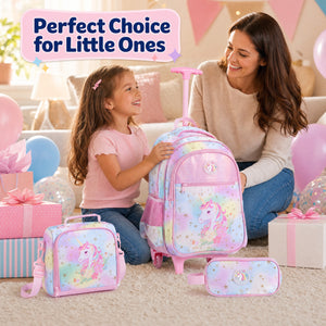 3 Pieces Unicorn Rolling Backpack for Kids with Lunch Box-Pink view 5