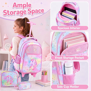 3 Pieces Unicorn Rolling Backpack for Kids with Lunch Box-Pink view 6
