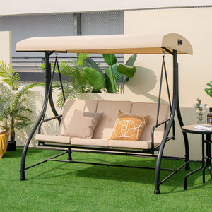 3 Seat Outdoor Porch Swing with Adjustable Canopy-Beige view 2