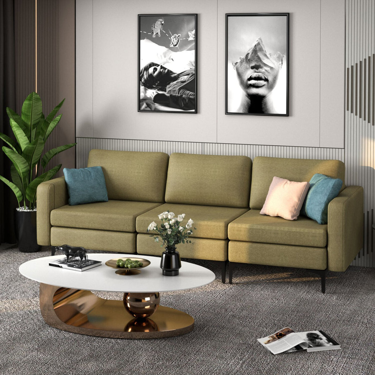 3-Seat Sectional Sofa Couch with Armrest Magazine Pocket and Metal Leg-Green view 2