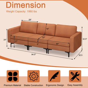 3-Seat Sectional Sofa Couch with Armrest Magazine Pocket and Metal Leg-Orange view 5