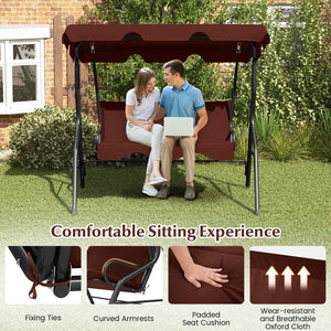 3 Seat Outdoor Patio Canopy Swing with Cushioned Steel Frame-Brown view 6