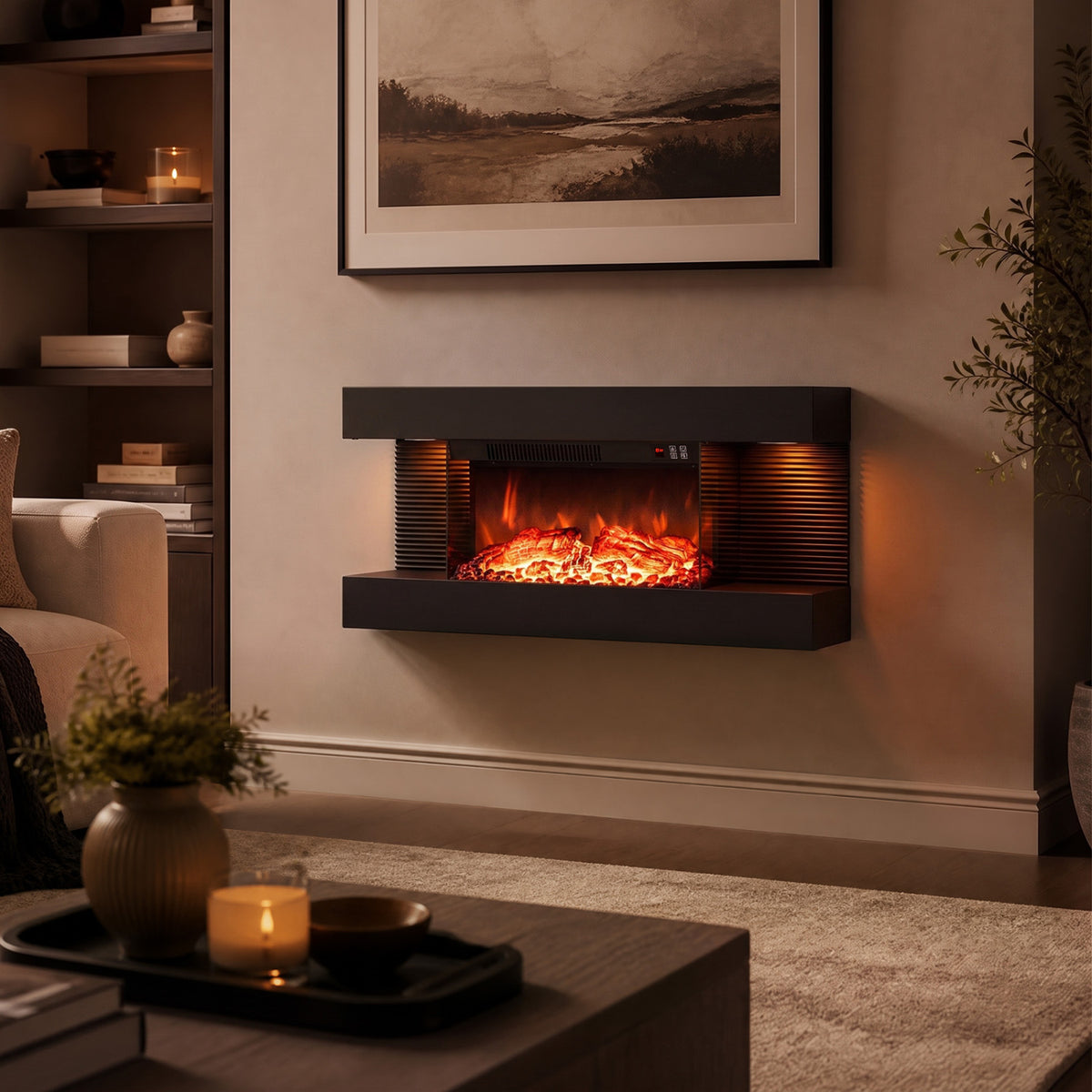 3-Sided Black Wall Mount Electric WiFi Fireplace with Floating Mantel and 12 Flame Ambient-32 inches view 2