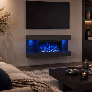 3-Sided Black Wall Mount Electric WiFi Fireplace with Floating Mantel and 12 Flame Ambient-32 inches view 3