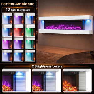 3-Sided White Wall Mount Electric WiFi Fireplace with Floating Mantel and 12 Flame Ambient-60 Inches view 6