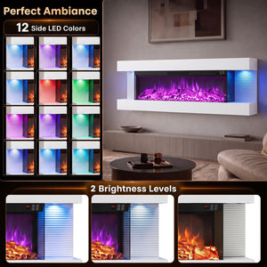 3-Sided, White Wall Mount Electric WiFi Fireplace with Floating Mantel and 12 Flame Ambient Colors-50 inches view 7