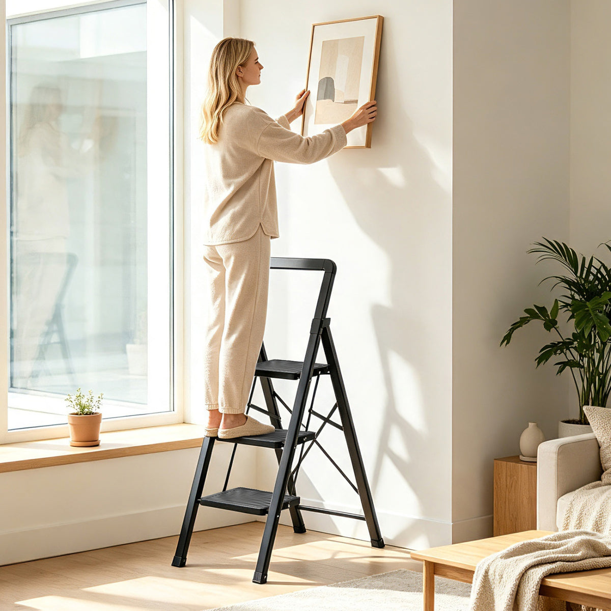 3 Step Black Folding Step Stool with Wide Anti-slip Pedals view 2